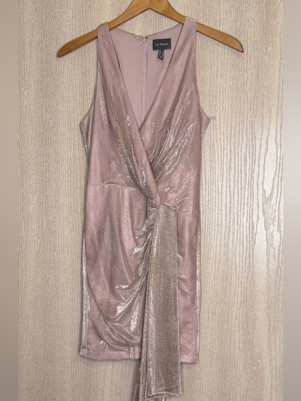 Liv Foster Le Femme Shimmery Rose Wrap Mini Dress